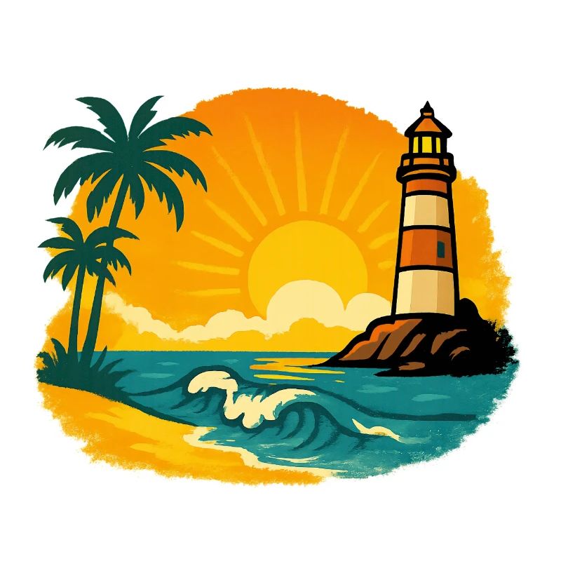 Coucher de soleil avec phare sur une plage tropicale
