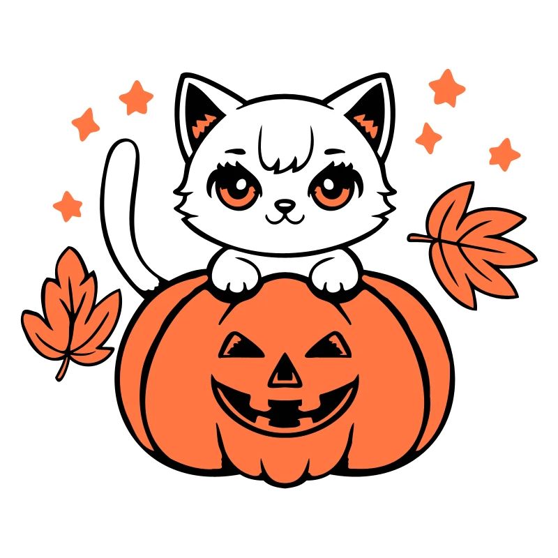 Automne Chat Blanc Citrouille Feuille d’érable Mignon Halloween