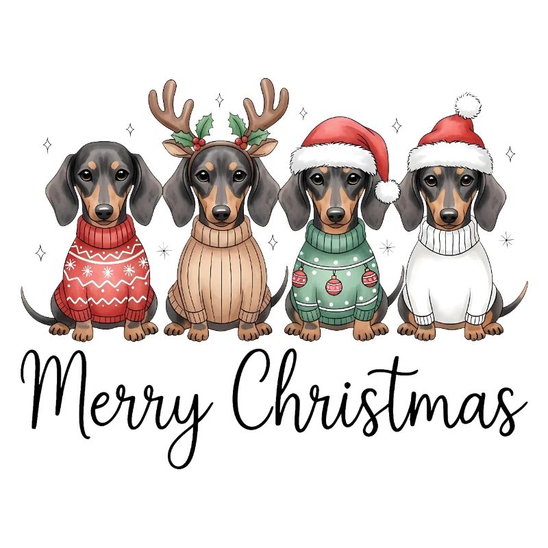 Vier Dackel, Dachshunde in Weihnachtspullover