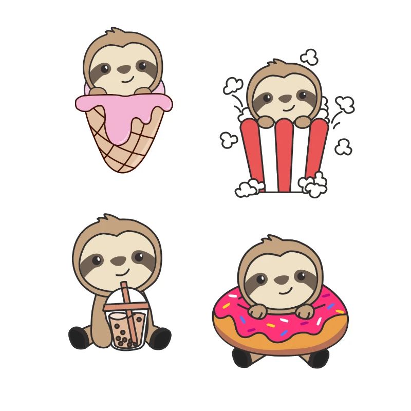 Faultier Süßigkeiten Bubble Tea Popcorn Donut süß