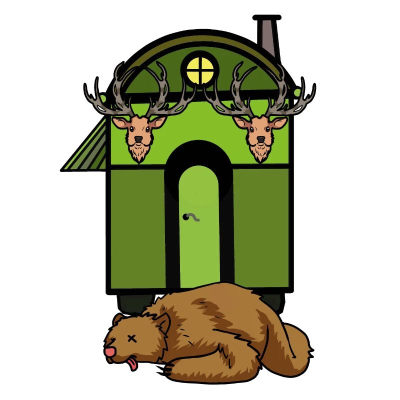 Construction trailer hut forest brown bear hunter hunts wild animals