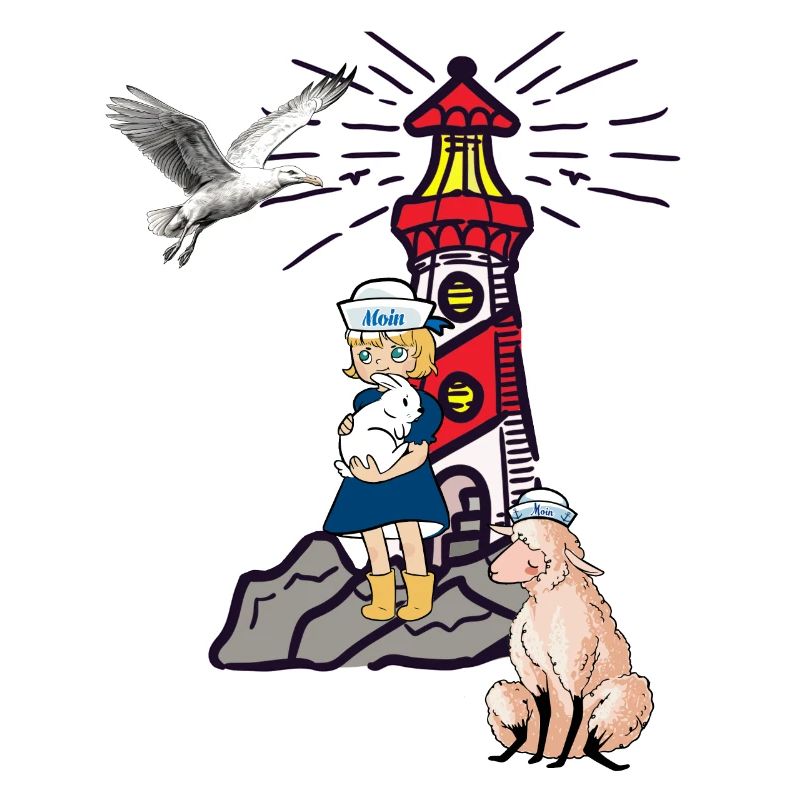 maritim Mädchen Leuchtturm Möwe Schaf Küste Moin