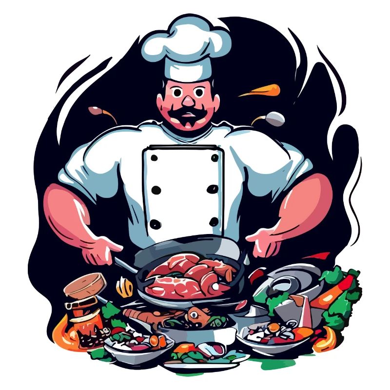 COOLES TSHIRT. EIN KOCH, DER EINE GROSSE MAHLZEIT ZUBEREITET