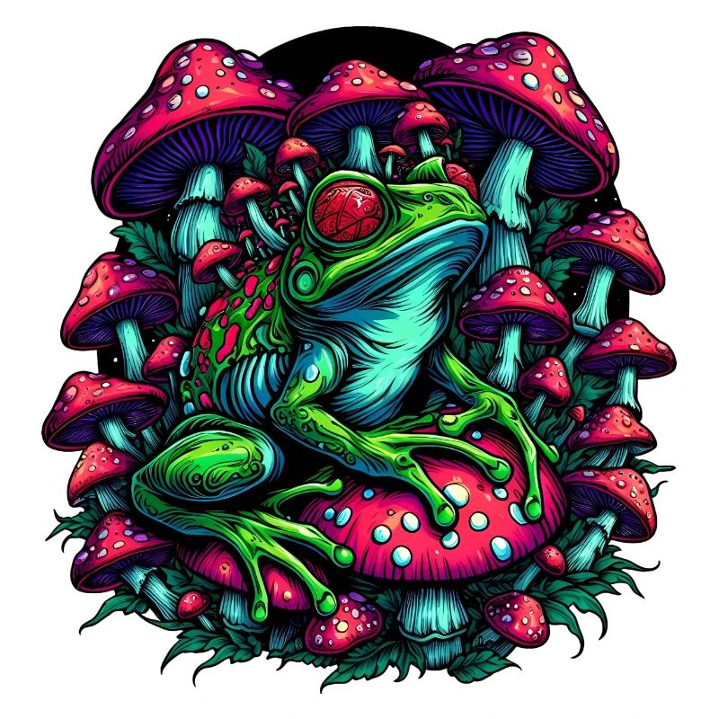 Psychedelic frog with mushrooms