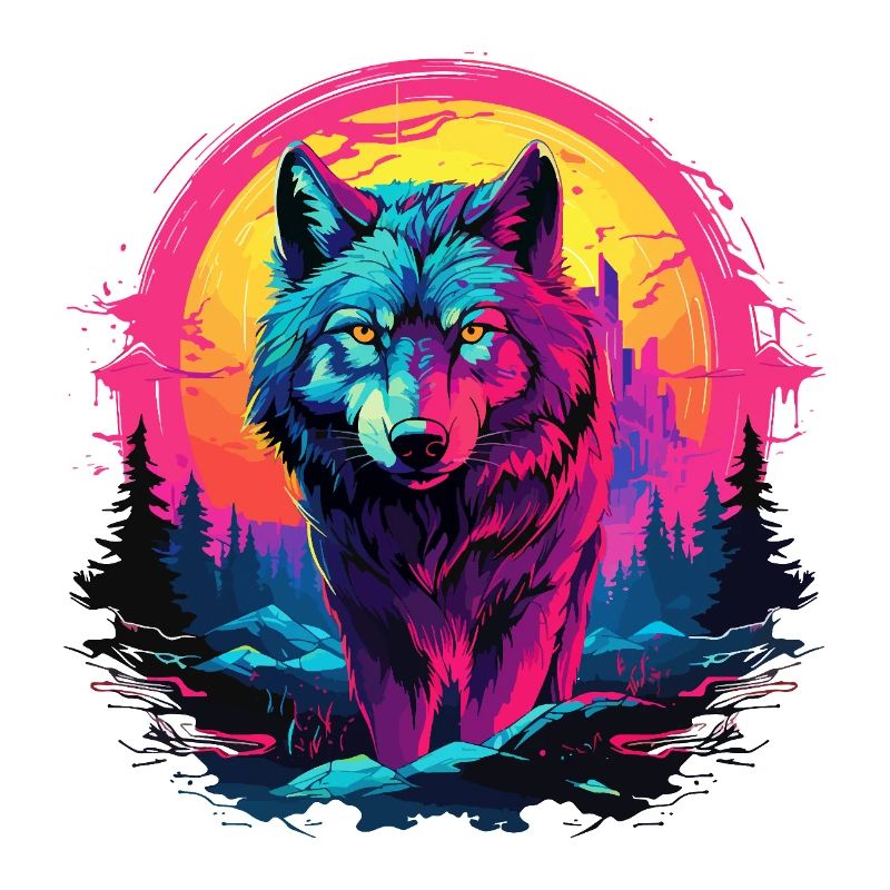 Wolf Night Moon Neon Wolf Head Forest Nature Mountains