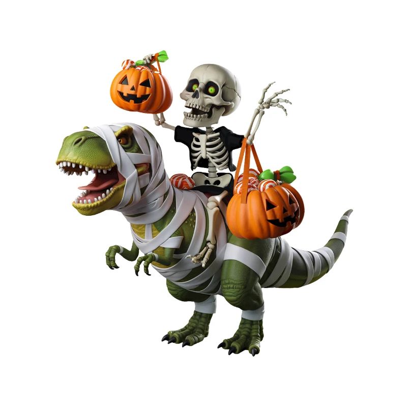 Skeleton on T-Rex with pumpkins