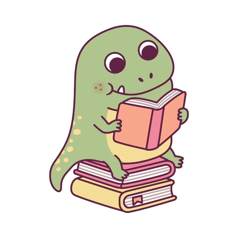 Niedlicher T-Rex Dinosaurier liest ein Buch