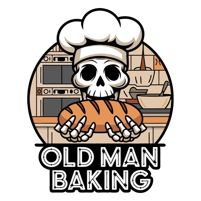 Funny Baker Skull with Bread. Old man bakes