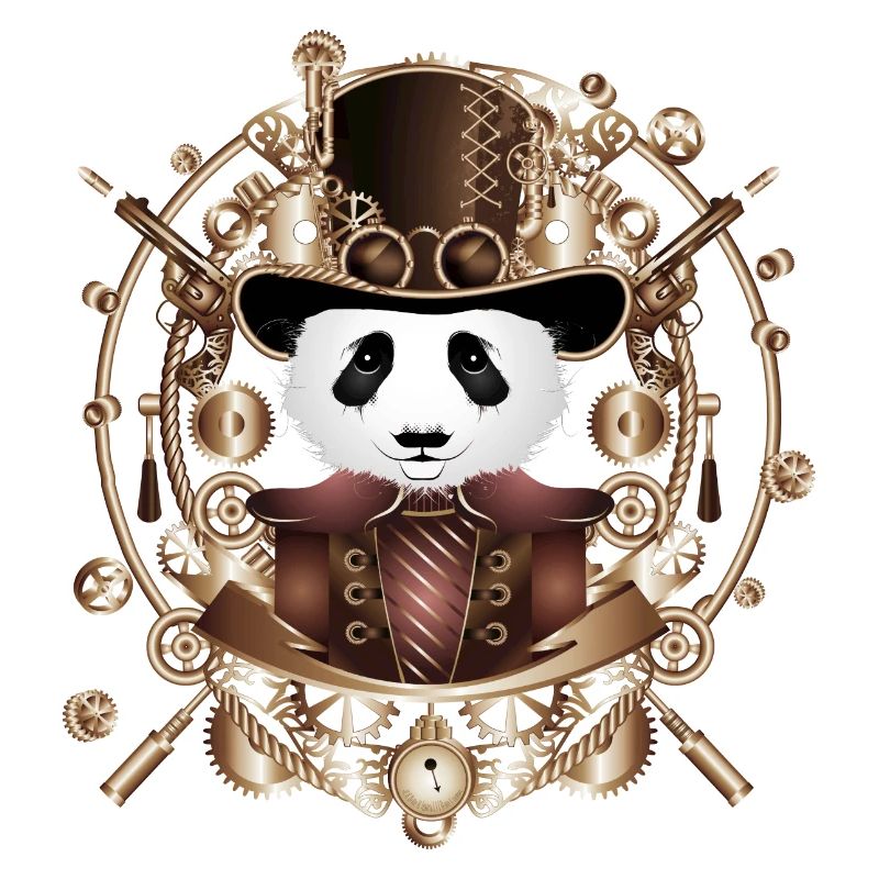 Steampunk Panda with cylinder hat in sepia frame