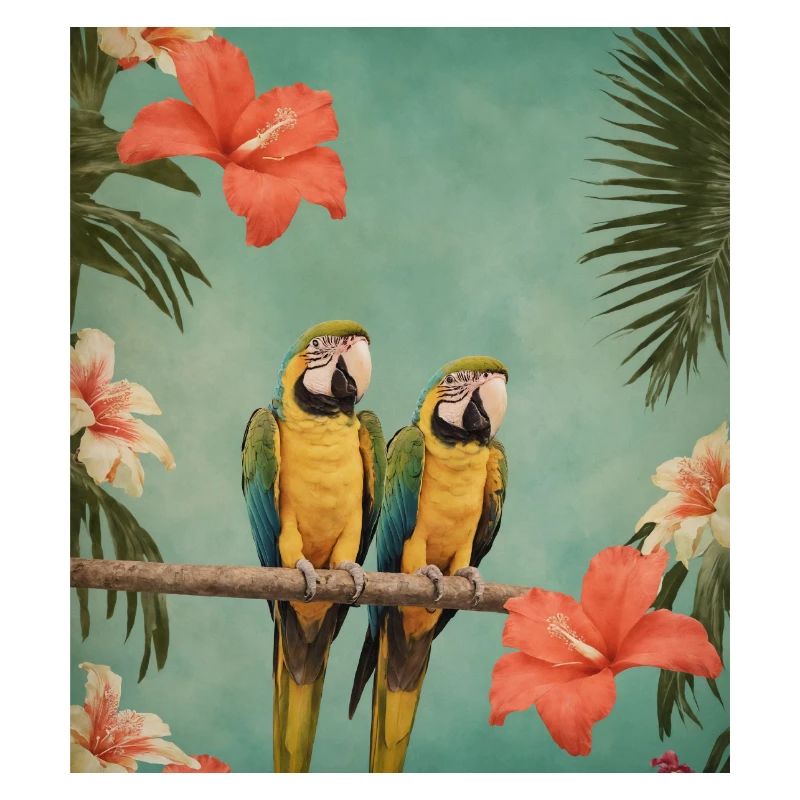 Deux perroquets sur une branche avec des fleurs d’hibiscus