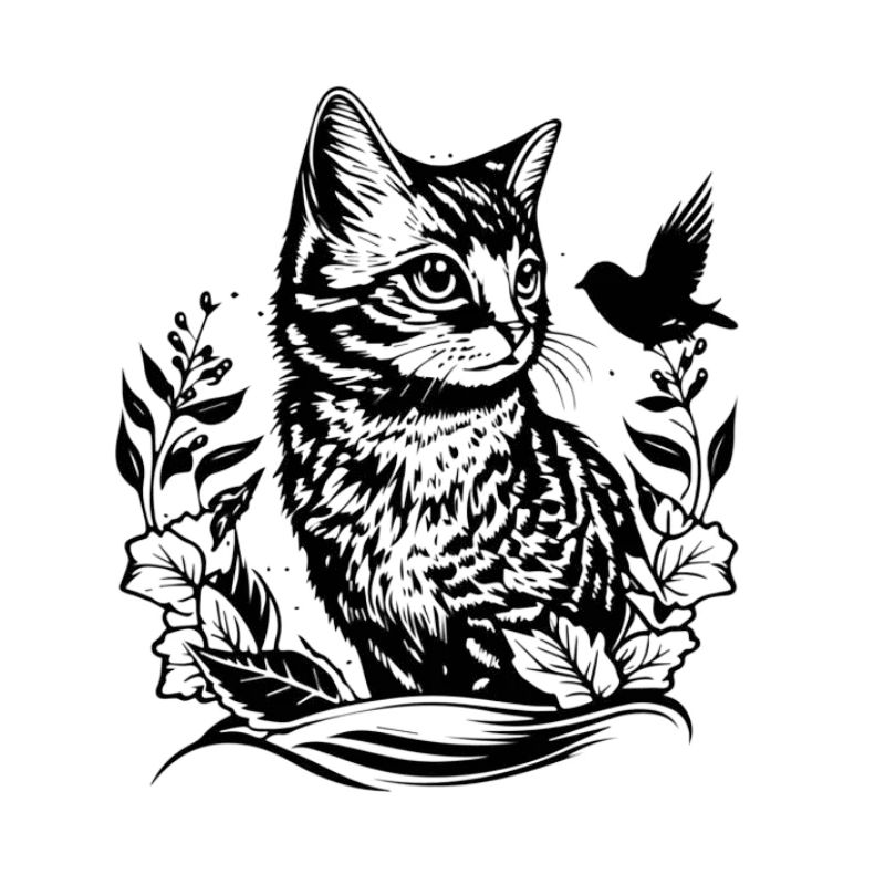 Cat Forest Line Drawing with Bird