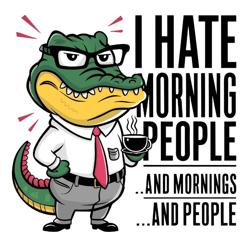 First coffee grumpy crocodile with coffee cup