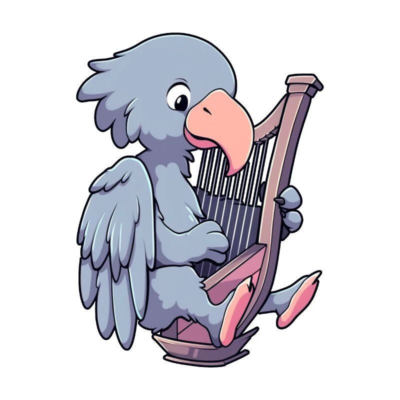 Cute shoebill playing a harp