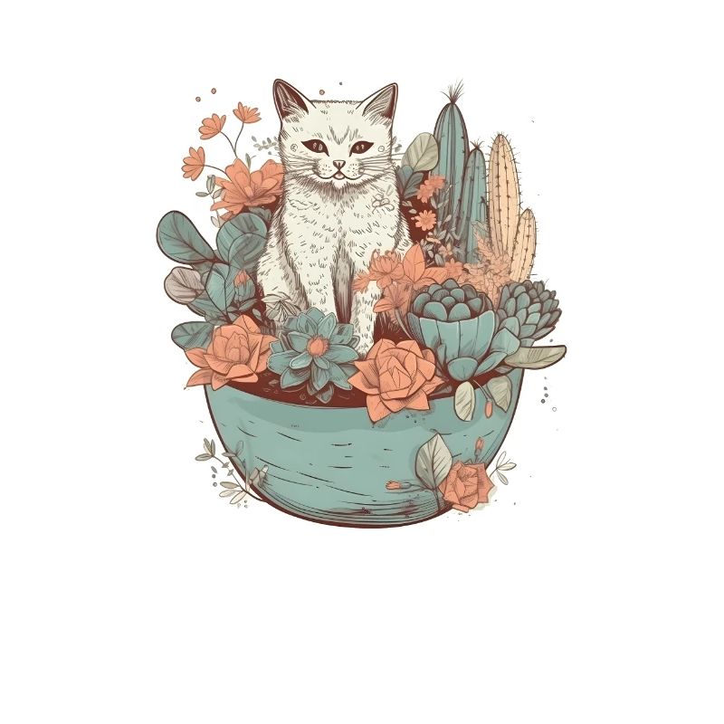Chat dessiné dans un pot de fleurs