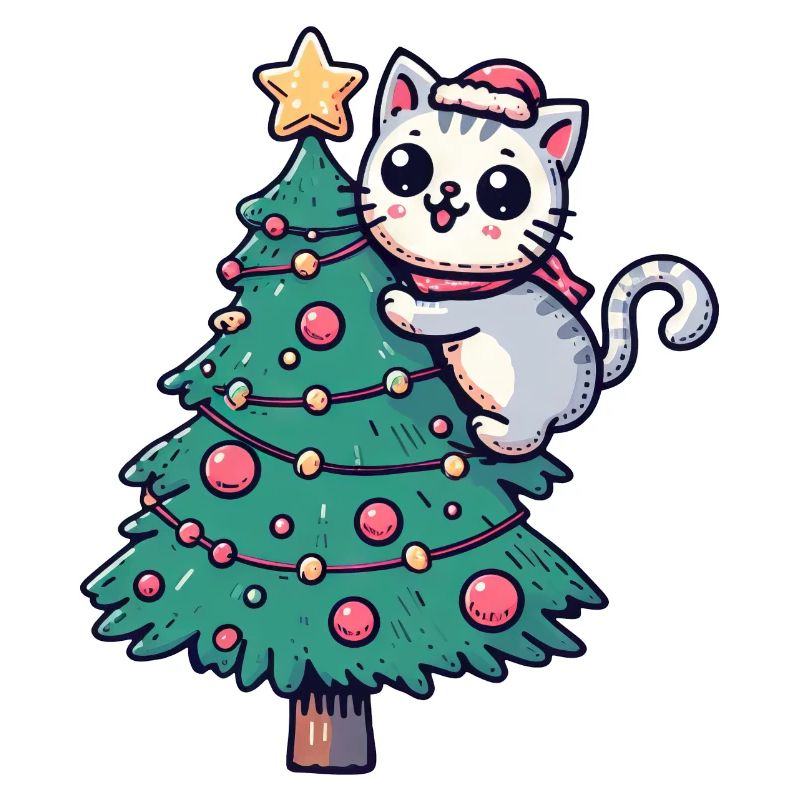 Chat de Noël - mignon sur le sapin de Noël dans la bande dessinée