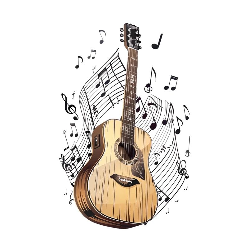 Stylized Acoustic Guitar Surrounded by Musical Notes