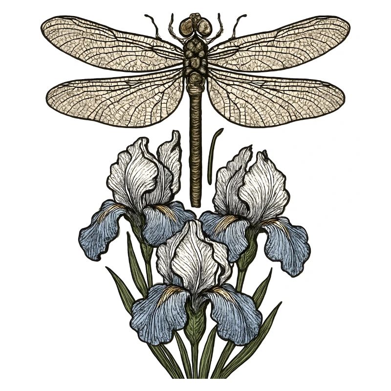 Libellule sur fleurs d’iris