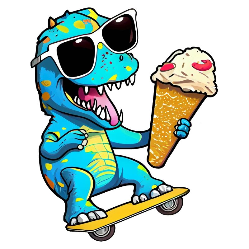 Dino Dinosaurier auf Skateboard der Eiscreme isst