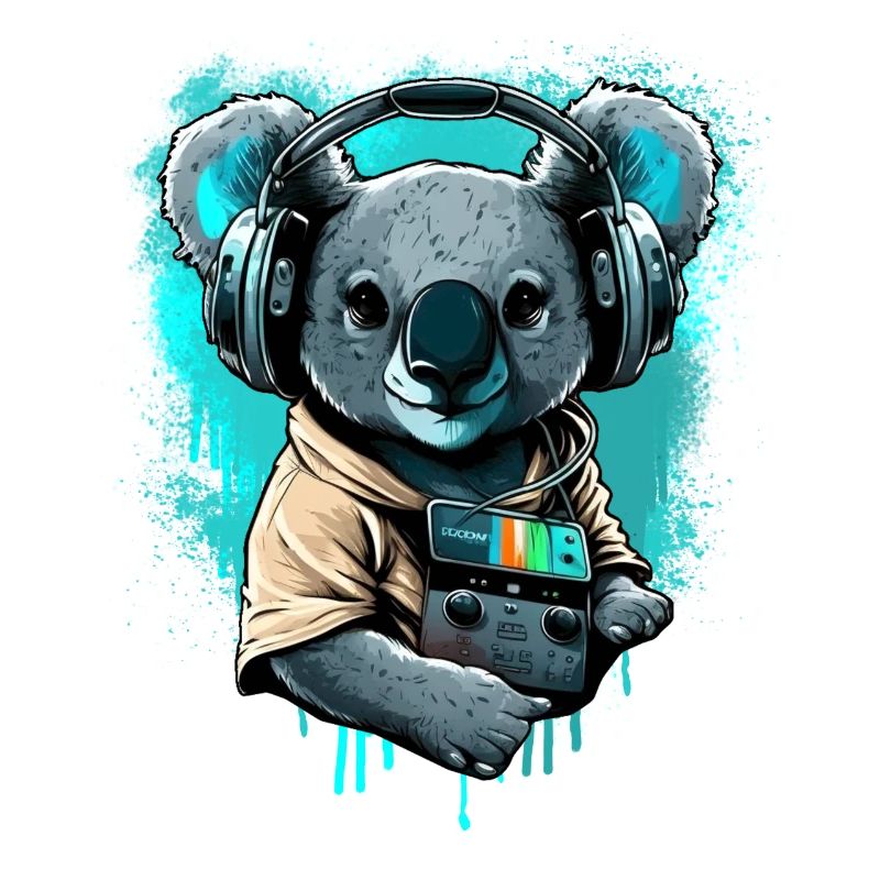 koala avec écouteurs et Walkman