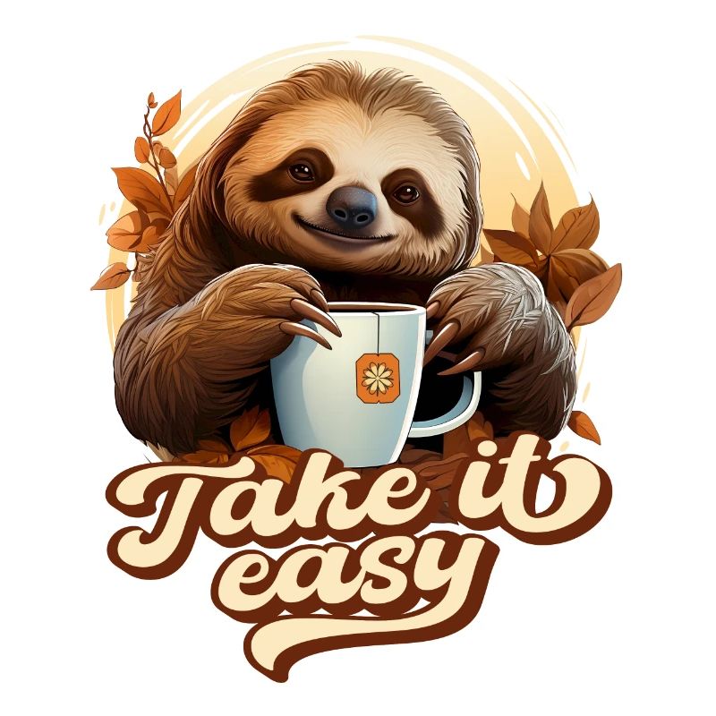 Cute Sloth Drinking Tea, Take It Easy, Saying