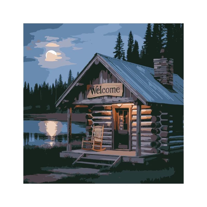 Scène nocturne de cabane de lac rustique