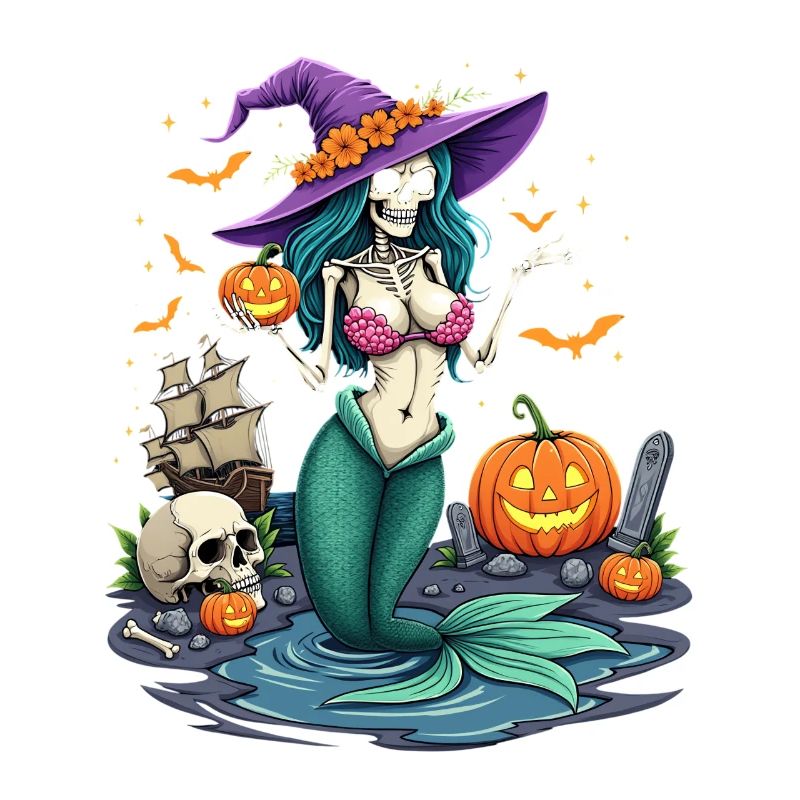 Witch Mermaid with Halloween Elements