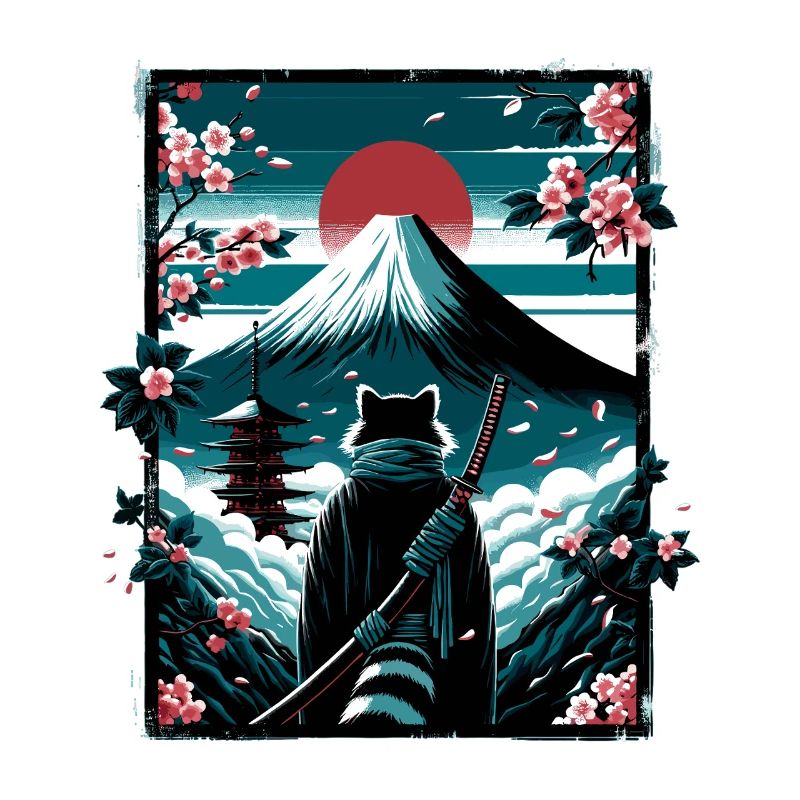 Chat avec une épée de samouraï devant Fuji