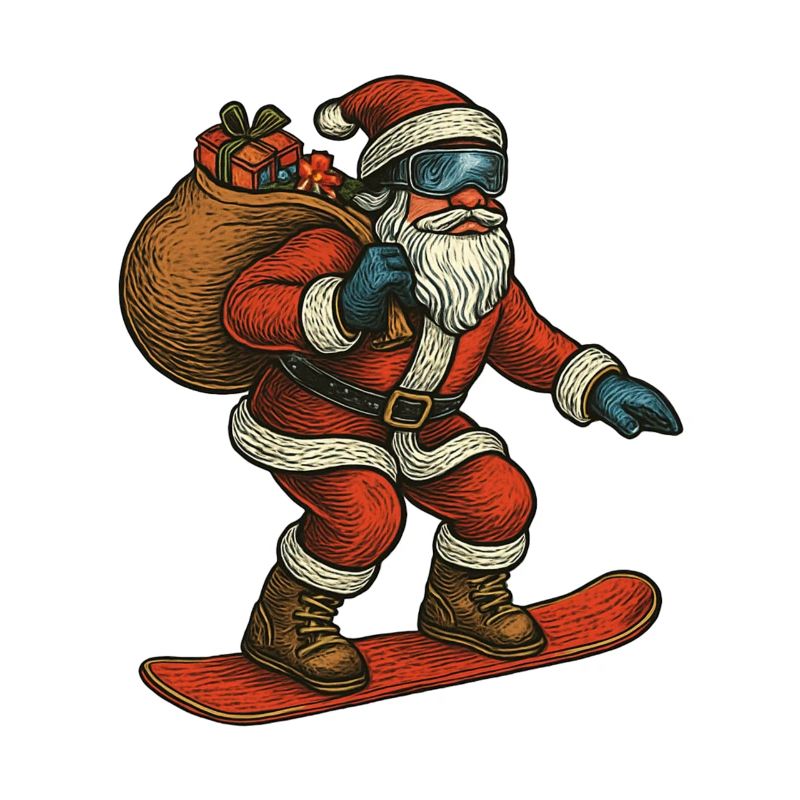 Weihnachtsmann auf Snowboard mit Geschenken