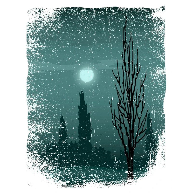 Moon shimmers on trees