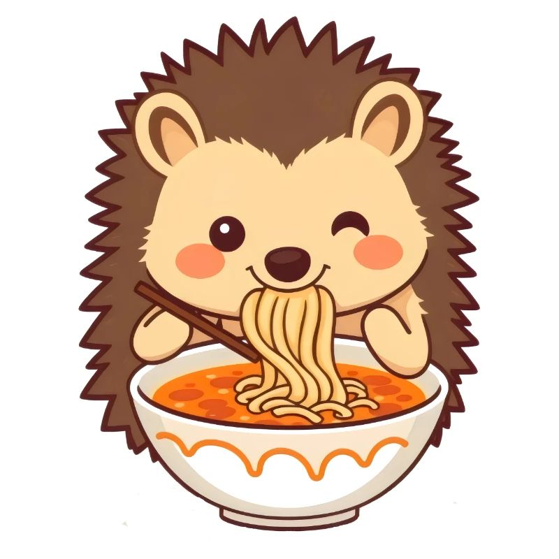 A sweet hedgehog likes noodle soup