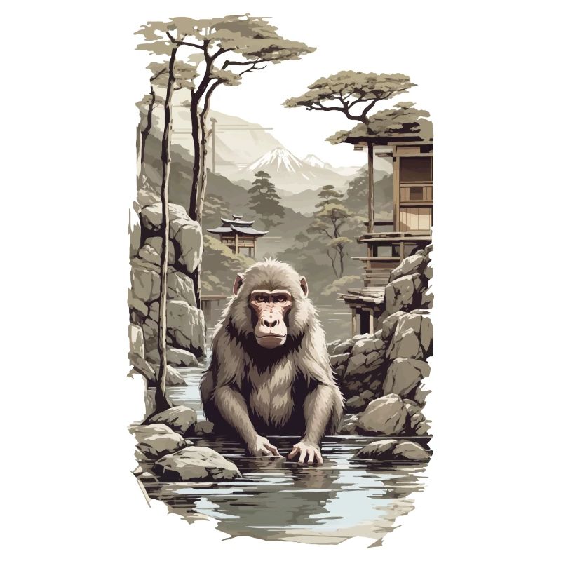 Japanese macaque ukiyo-e monkey in hot spring design