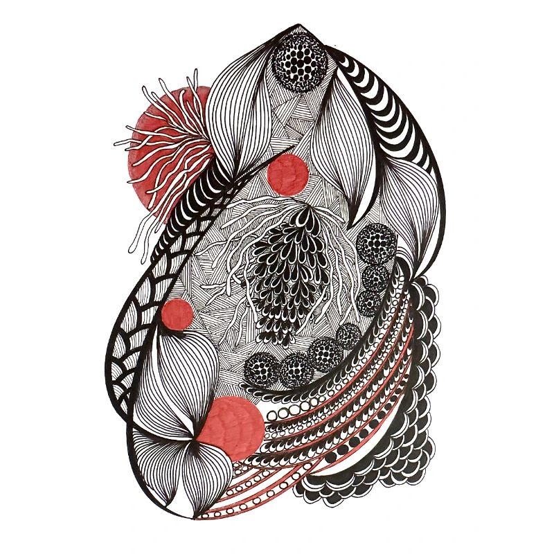 Line flowers pattern with red accent