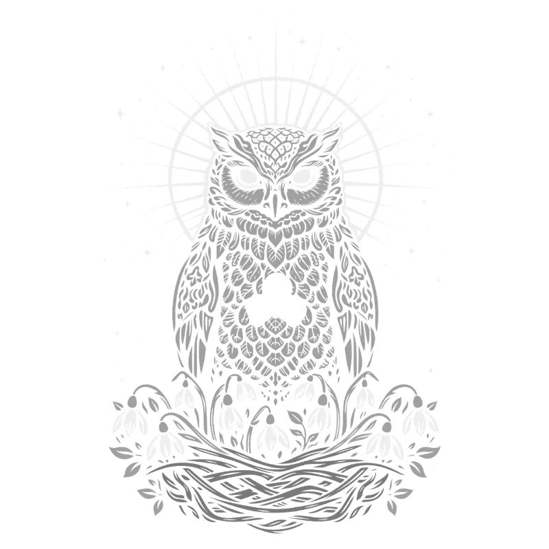 Imbolc Eule mit Triskele und Schneeglöckchen