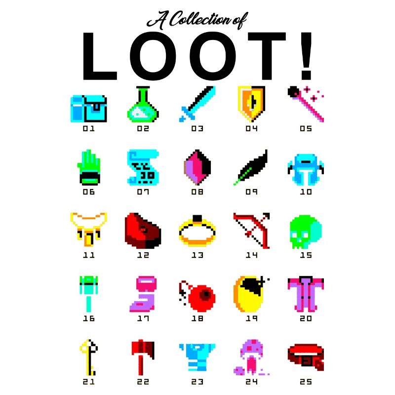8bit Pixel Sammlung von Loot Beute Gamer Nerd