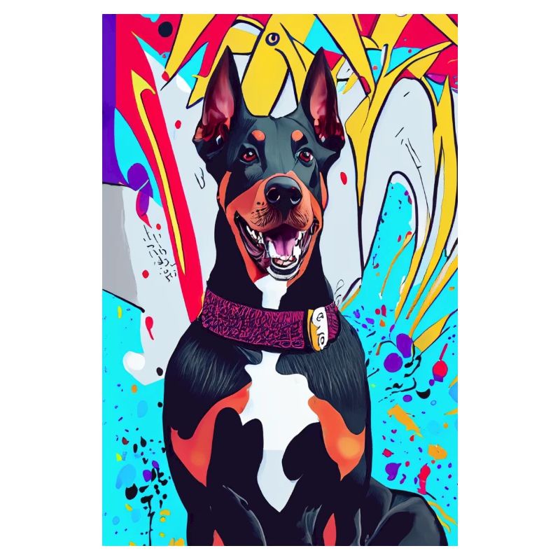 Modernes Print mit Dobermann, bunter Hintergrund