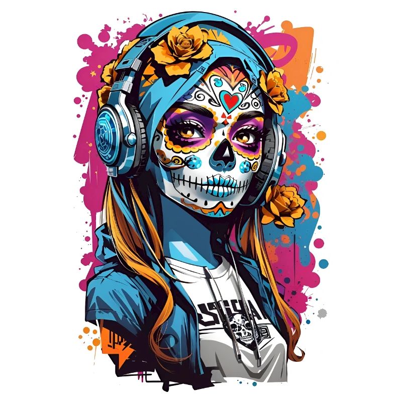 Totenkopfmädchen mit Kopfhörern