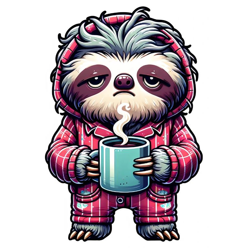 Faultier im Pyjama mit einer Tasse Kaffee