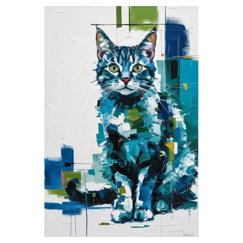 Chat abstrait en bleu vert / Numérique / Affiche #2