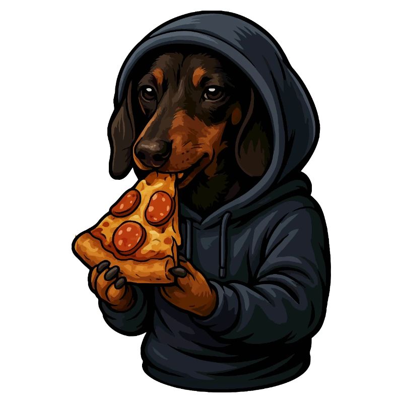 Teckel en sweat à capuche mangeant de la pizza