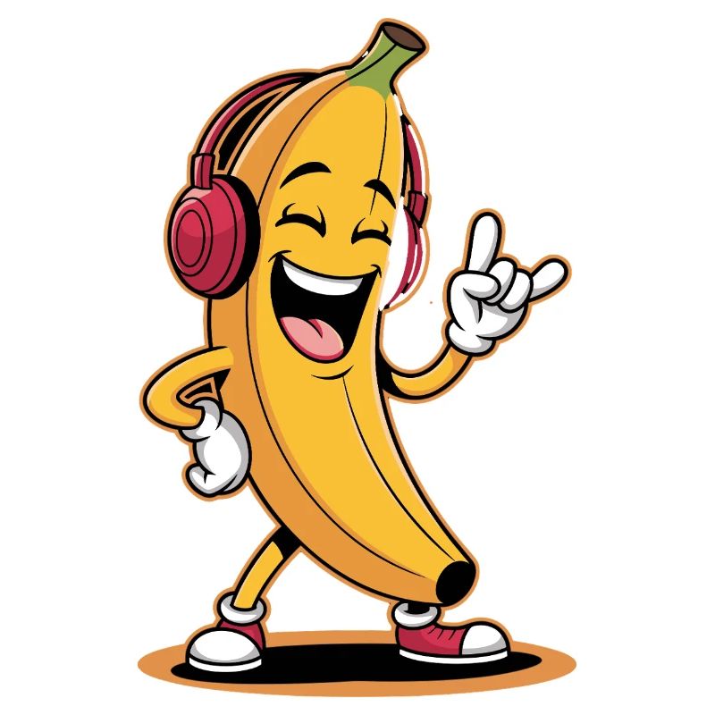 Banane joyeuse avec des écouteurs et une main de pierre