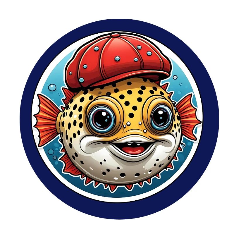 Funny puffer fish with red baseball cap