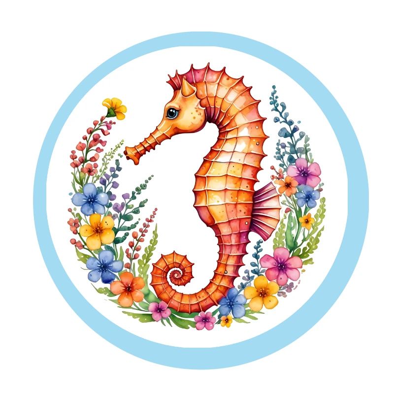 Hippocampe mignon avec des vrilles de fleurs colorées