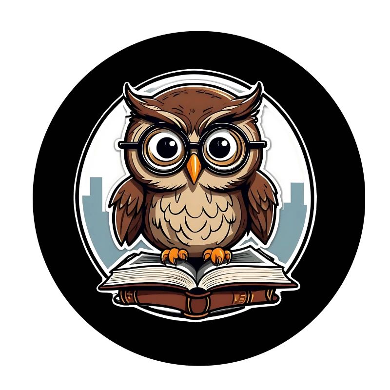 Eule mit Brille sitzt auf einem Stapel Bücher