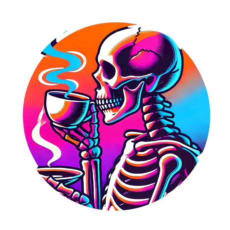 Neon Skeleton Sipping Coffee Design