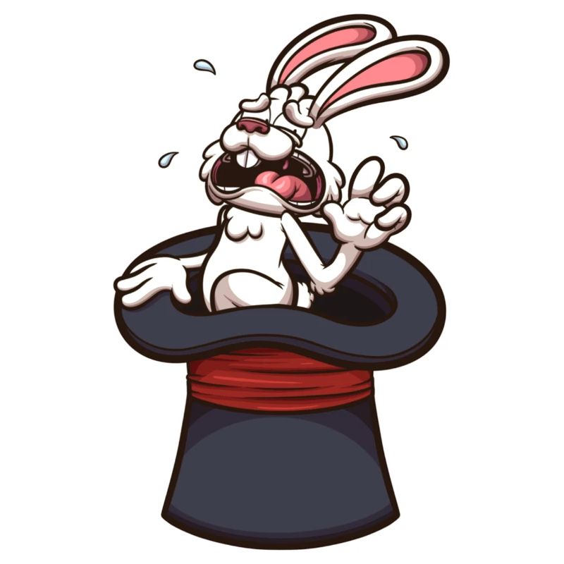 Lapin blanc effrayé dans un chapeau de magicien