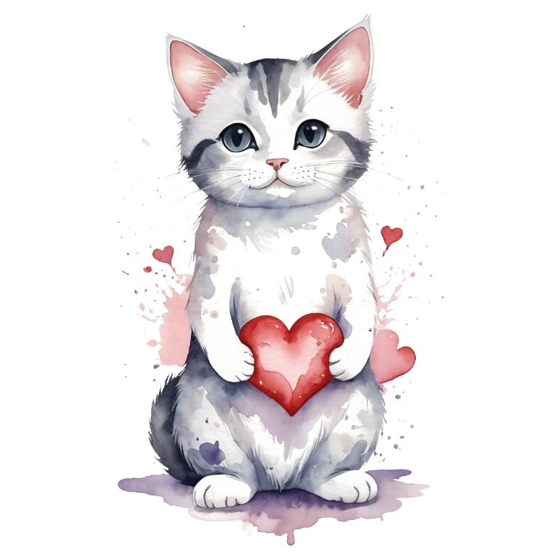 Feline Affection - Cat with Heart Watercolor