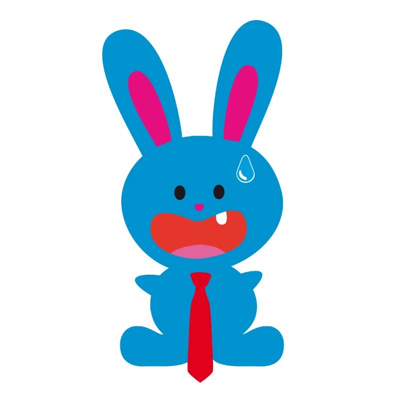 A tooth blue office rabbit with a tie in a panic