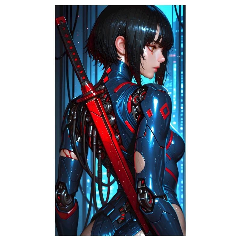 3D Blue/Red Cyberpunk Samurai Warrior with Katana