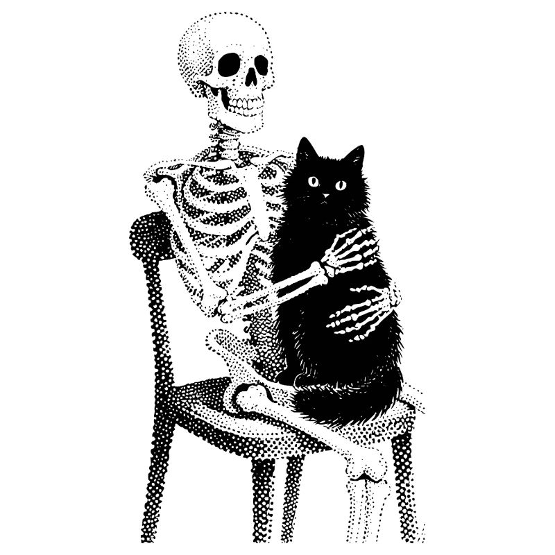 Skeleton with cat on lap