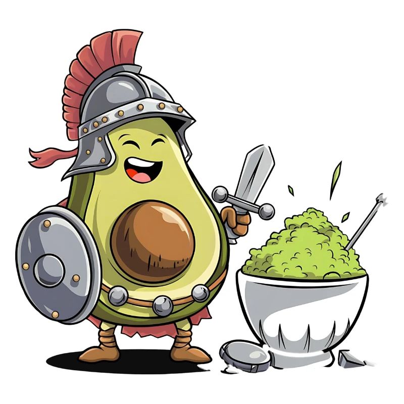 Avocado warrior with guacamole sword and shield